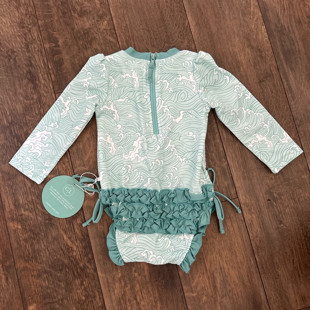 Baby Swim Long Sleeve Rash Guard - Greenish teal and white Waves - Picture 2 of 4
